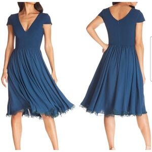 Dress the Population Corey Chiffon Fit & Flare Cocktail Dress In Peacock Blue